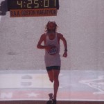 Barefoot Ken Bob Saxton finishing Boston Marathon 2005