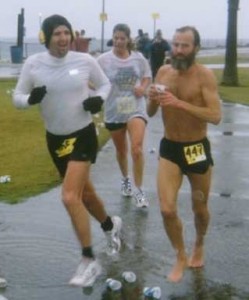 Ken Bob running 26.2 miles in torrential downpour 1999 January 31 Pacific Shoreline Marathon