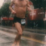 Ken Bob running 26.2 miles in a torrential downpour 2000 March 5 Los Angeles Marathon