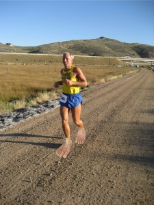 Todd with fake bare feet photo-edited over his shoes. 'Barefoot Shoes?' I don't understand why Todd didn't run this 8-mile section of gravel barefoot (2007-08-25) Park City Marathon UT.