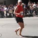 Byron (Shoeless Slug) finishing Los Angeles Marathon 2008 March 2 Los Angeles CA