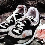 Ken Bob's bloody shoes after 18 miles (1998 May 10) Silverado Canyon, Orange CA - bloody napkin was from another runner who fell downhill on the gravel trails (possibly after tripping over a shoelace?)