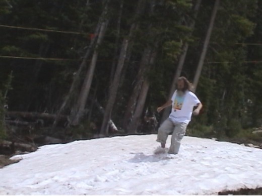 Barefoot Ken Bob, running in snow, Bachelor Gulch, Co