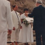 1990 August 25 wedding, barefoot on the rocks