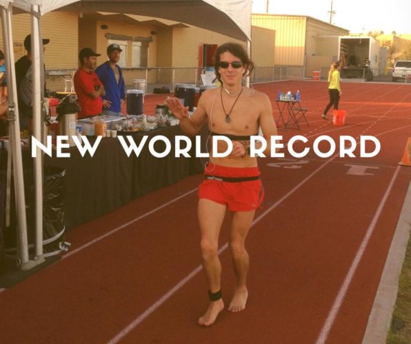 Man running barefoot on track, New World Record typed across photo