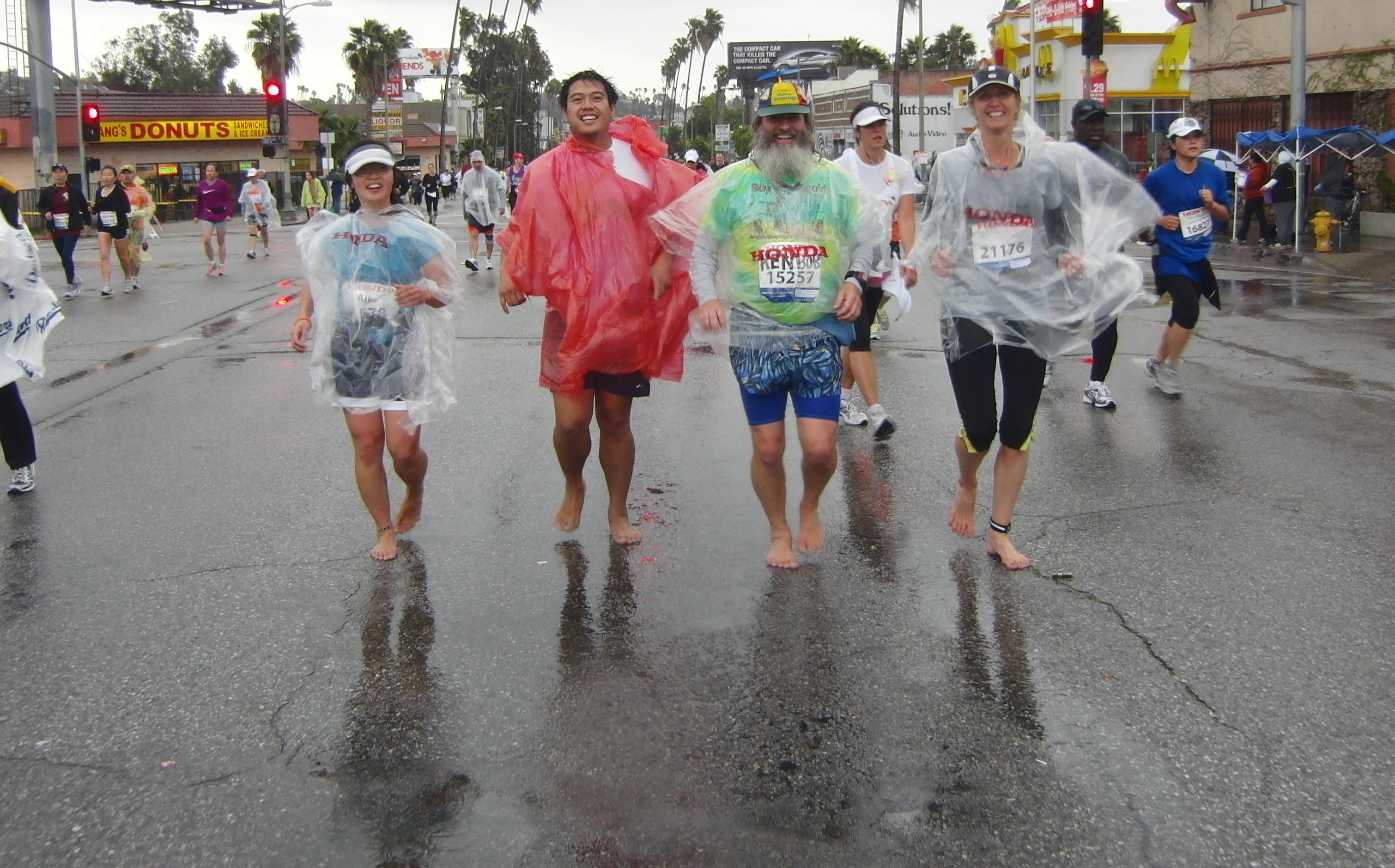 2011 March 20, Aika, Merlin, KenBob, Caity, Running Barefoot in the rain, Los Angeles Marathon